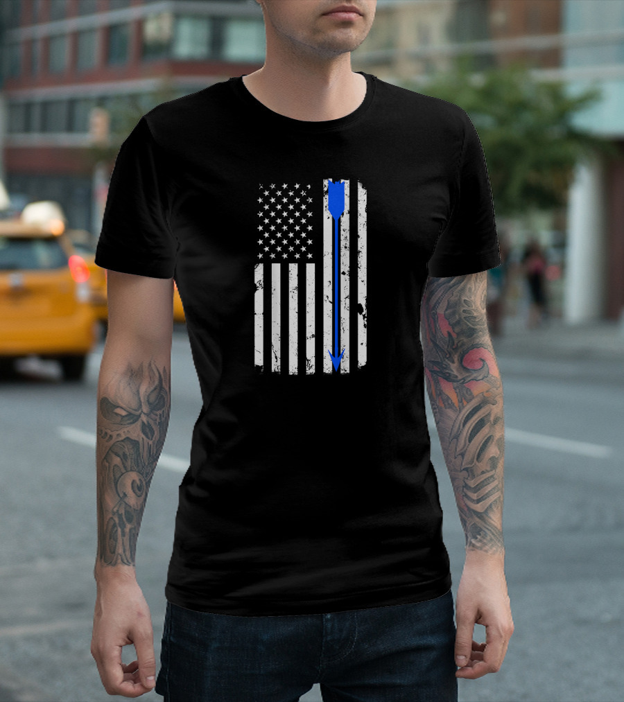 Distressed American Flag With Blue Archery Arrow BAC T-Shirt