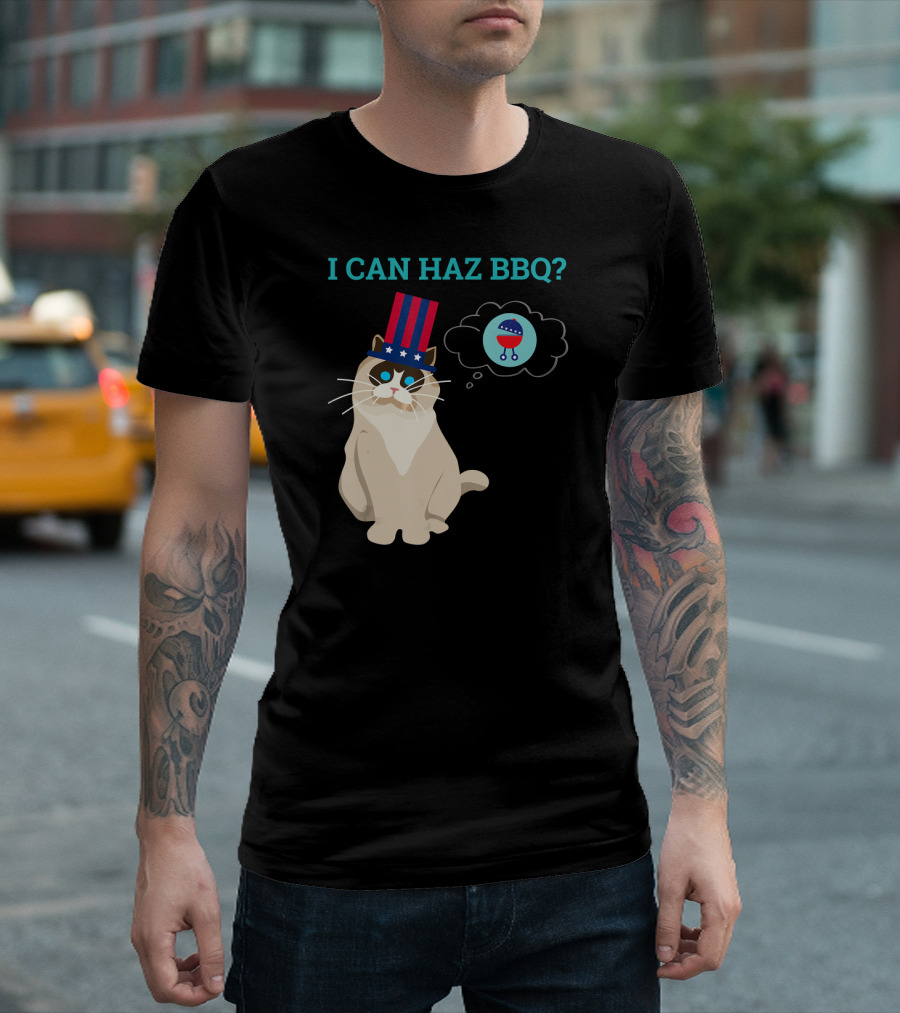 I Can Haz BBQ Cat In Uncle Sam Hat 4th Of July T-Shirt