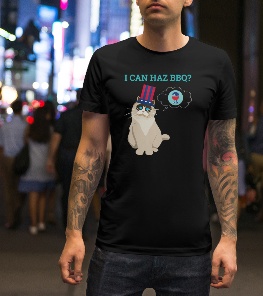 I Can Haz BBQ Cat In Uncle Sam Hat 4th Of July T-Shirt