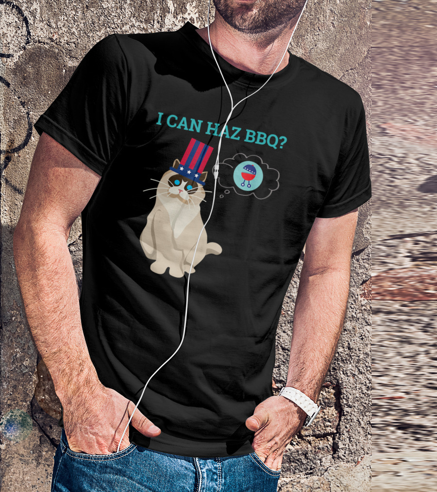 I Can Haz BBQ Cat In Uncle Sam Hat 4th Of July T-Shirt
