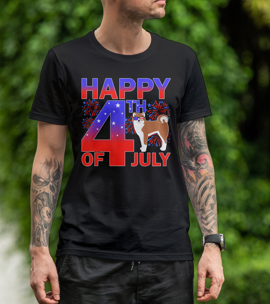 HAPPY 4TH OF JULY AKITA DOG WITH FIREWORKS AND STARS T-Shirt