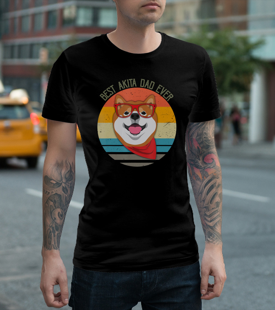 Mens Best Akita Dad Ever Vintage Style Dog With Glasses And Bandana T-Shirt