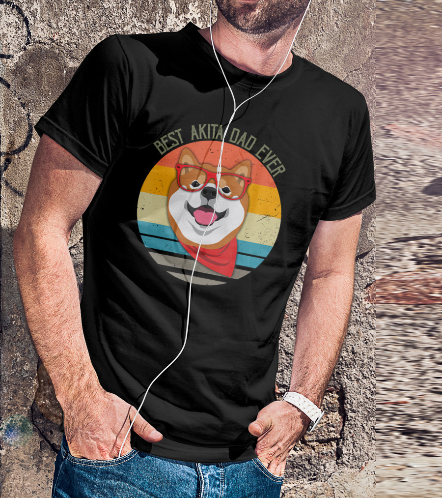 Mens Best Akita Dad Ever Vintage Style Dog With Glasses And Bandana T-Shirt