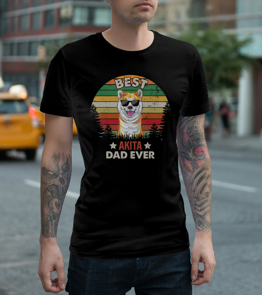 Best Akita Dad Ever Vintage Retro Dog Sunglasses Stripes T-Shirt