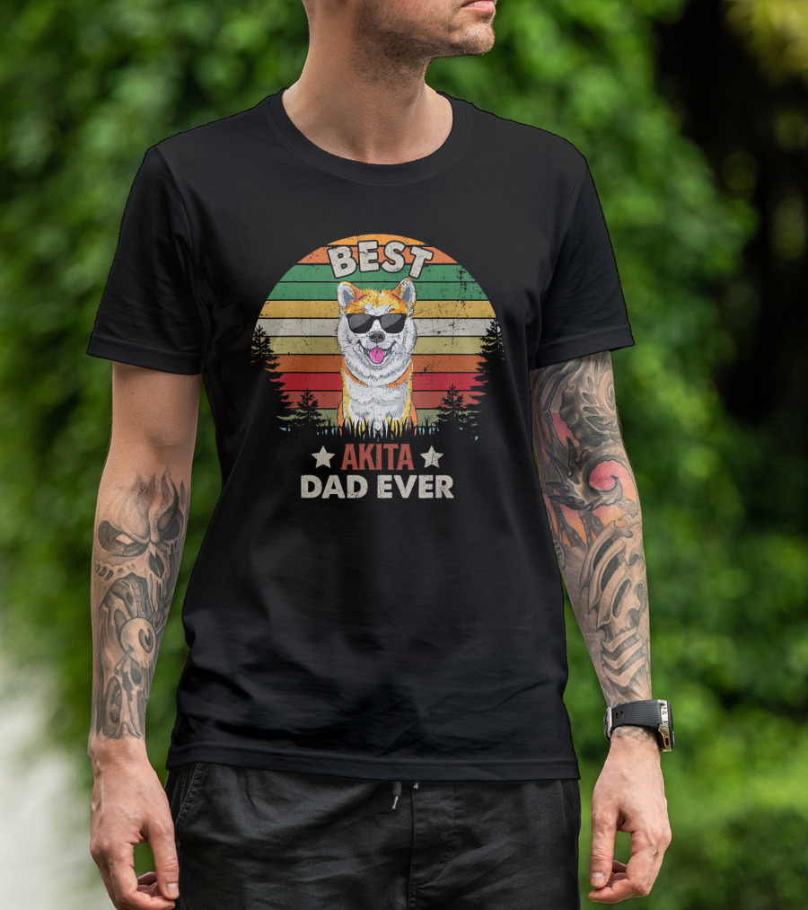 Best Akita Dad Ever Vintage Retro Dog Sunglasses Stripes T-Shirt