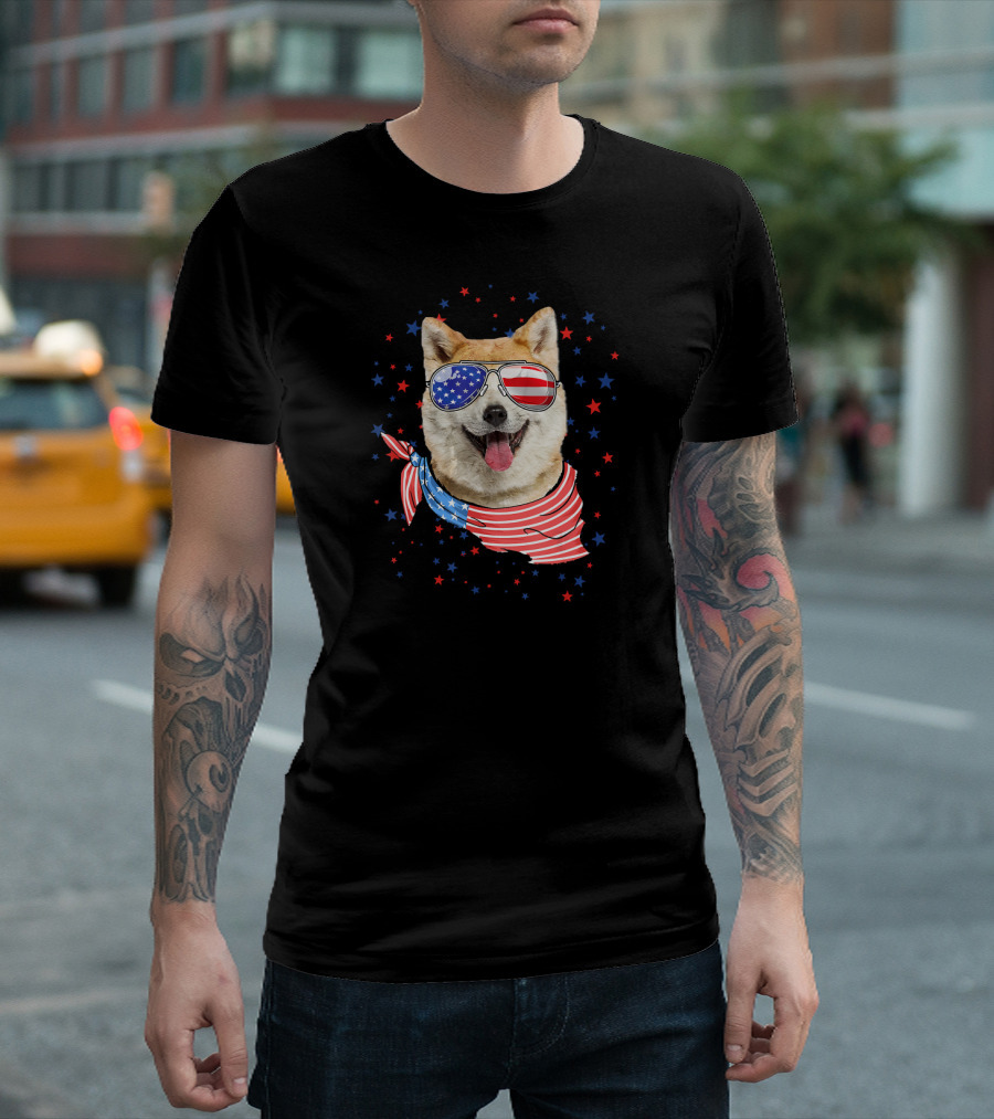 Patriotic Akita Dog With American Flag Sunglasses And Bandana 4th July T-Shirt