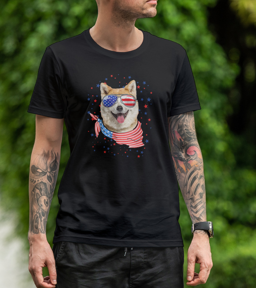Patriotic Akita Dog With American Flag Sunglasses And Bandana 4th July T-Shirt