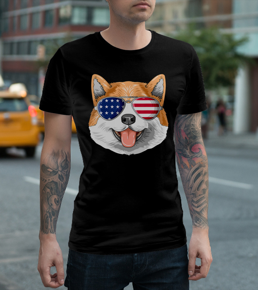 Patriotic Akita American Flag Glasses 4th Jul Independence Day T-Shirt