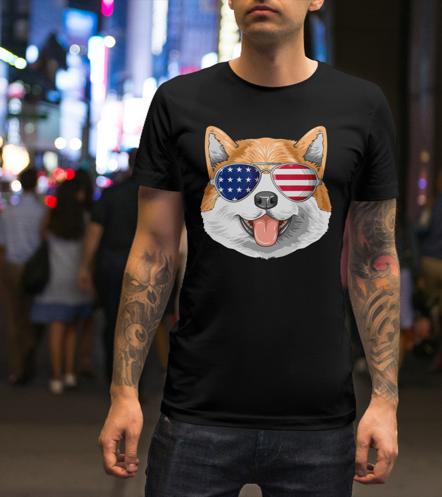 Patriotic Akita American Flag Glasses 4th Jul Independence Day T-Shirt