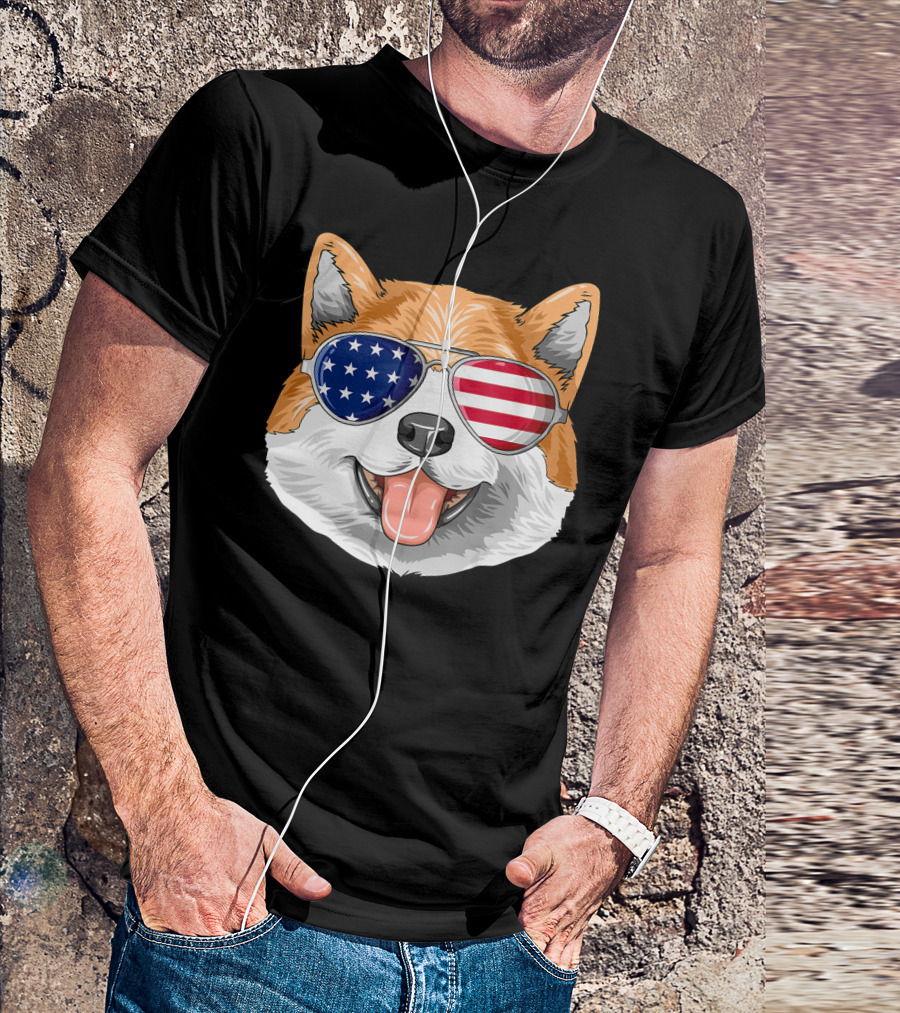 Patriotic Akita American Flag Glasses 4th Jul Independence Day T-Shirt