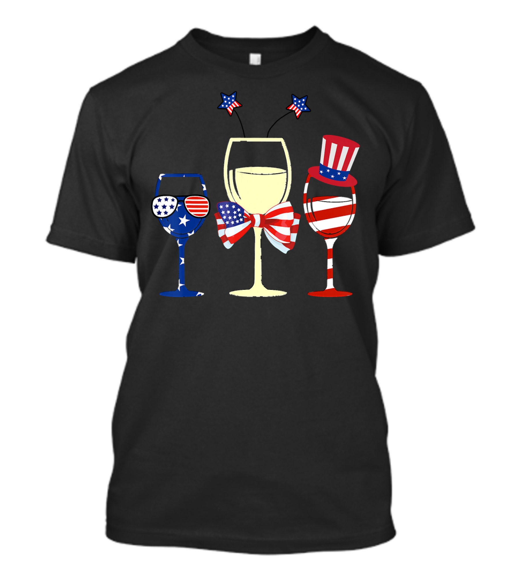 Red White Blue Wine Glasses American Flag Stars Stripes Bow Tie Hat Patriotic T-Shirt