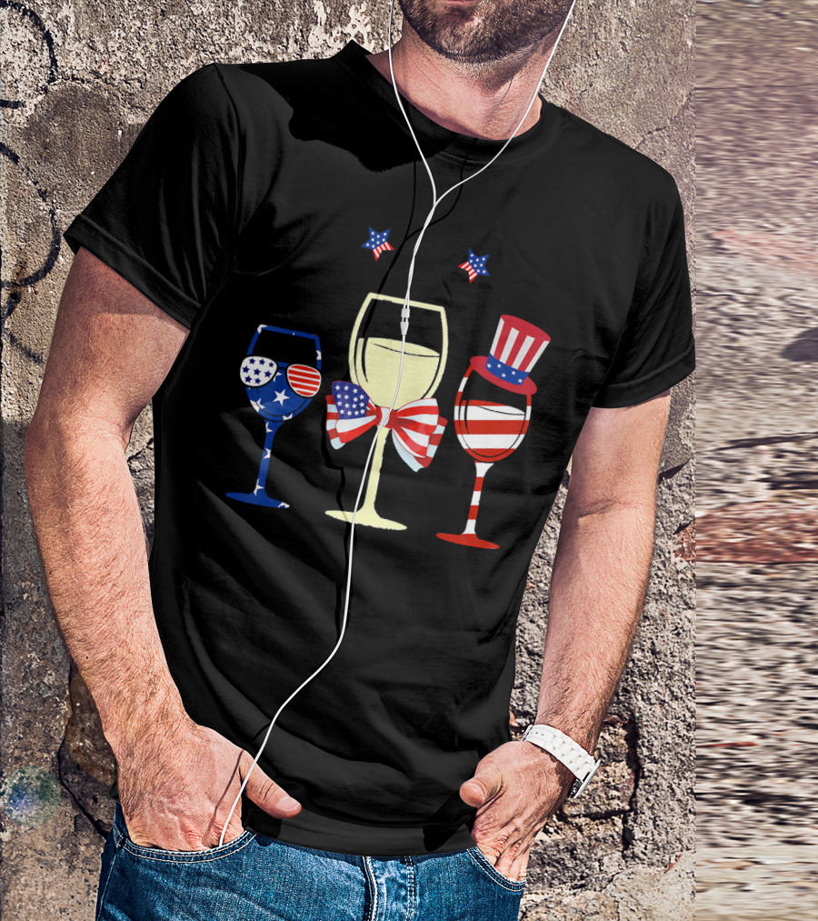 Red White Blue Wine Glasses American Flag Stars Stripes Bow Tie Hat Patriotic T-Shirt