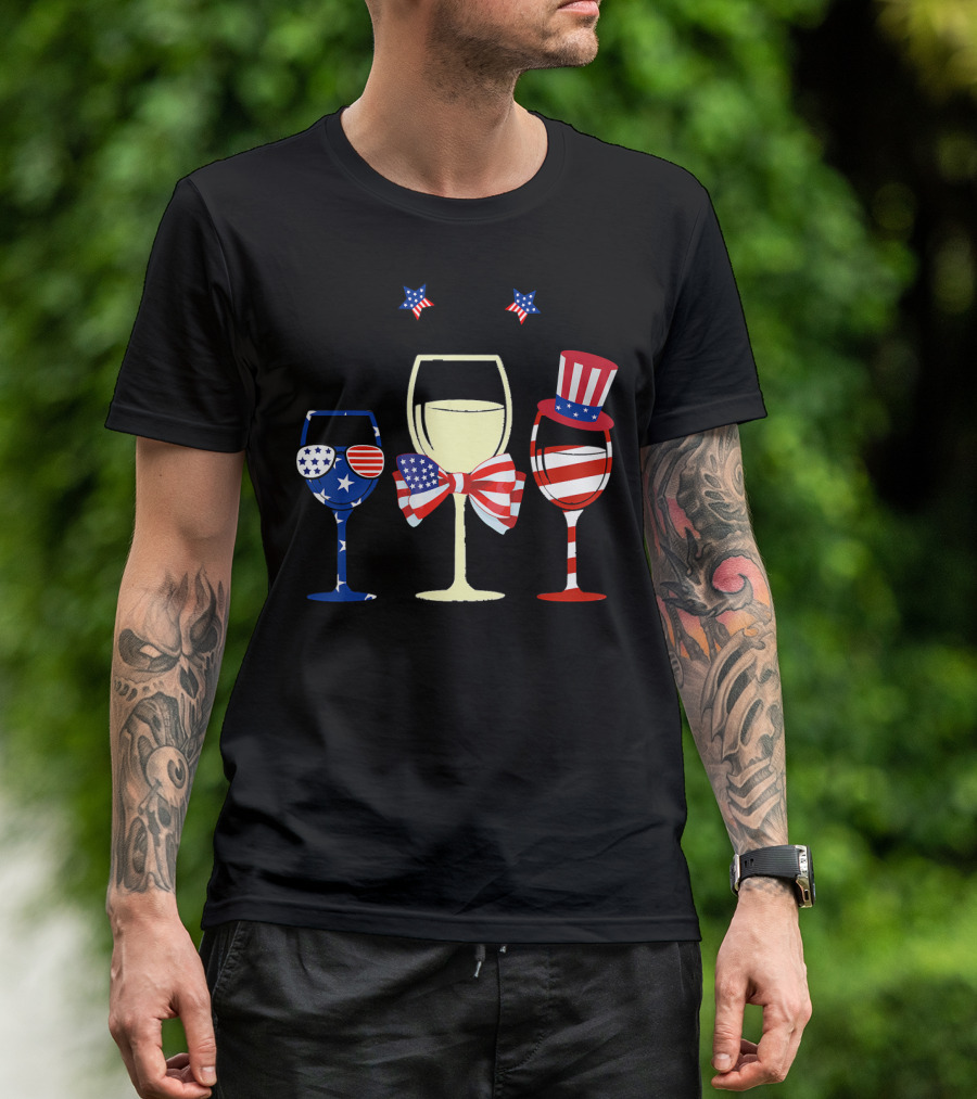 Red White Blue Wine Glasses American Flag Stars Stripes Bow Tie Hat Patriotic T-Shirt