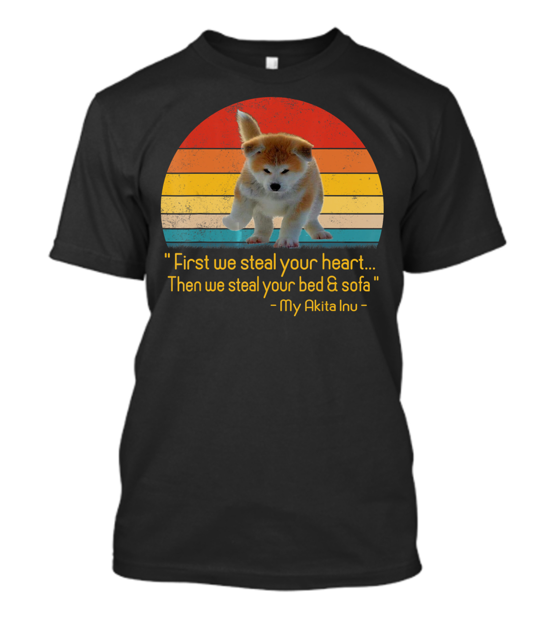 Retro Vintage Akita Puppy First We Steal Your Heart Then We Steal Your Bed And Sofa T-Shirt