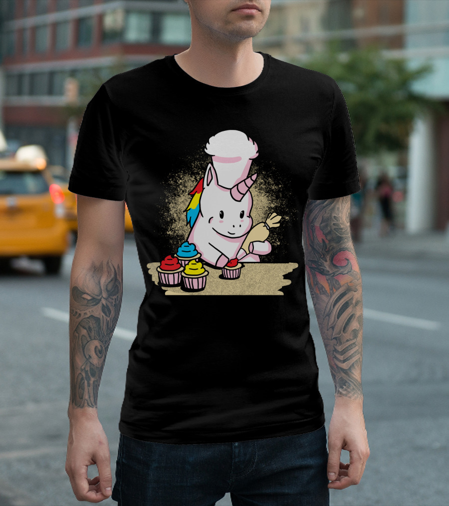 Cute Unicorn Baking Colorful Cupcakes with Chef Hat T-Shirt