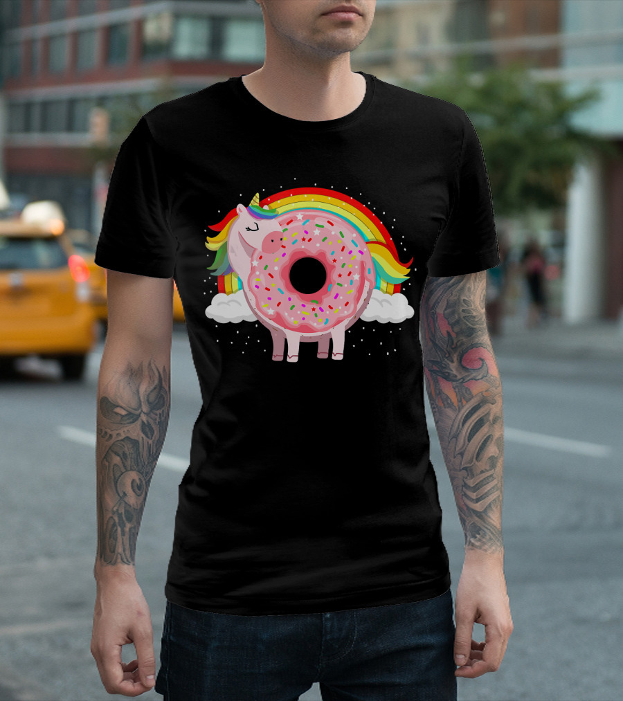 Donut Unicorn Doughnicorn Funny Donut with Rainbow and Clouds T-Shirt