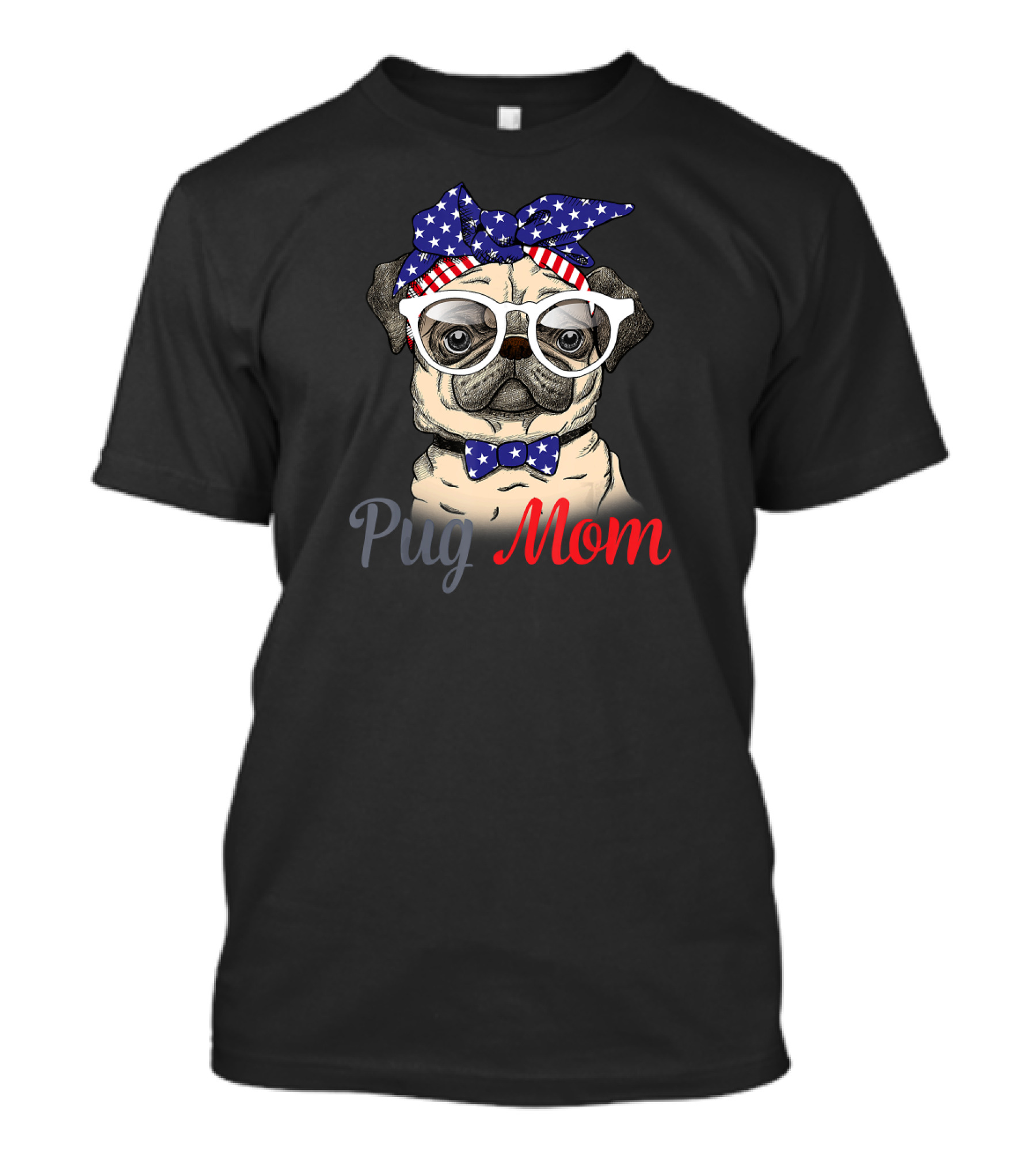 Pug Mom America Funny For 4th Of July With Glasses And Stars Bow Tie T-Shirt