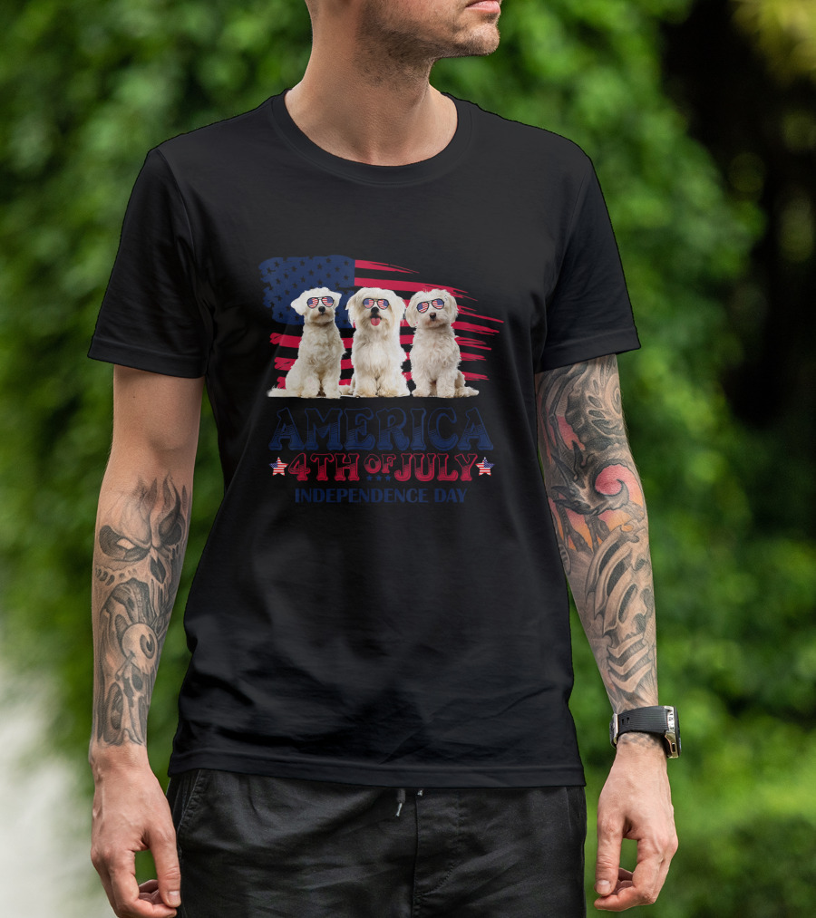 Maltese Dogs America 4th Of July Independence Day Celebration With Flag Sunglasses T-Shirt