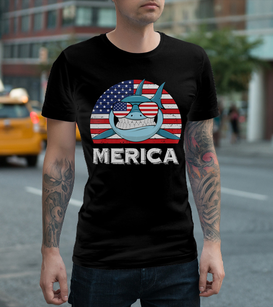 Merica Shark with American Flag Sunglasses and Vintage USA Flag Background T-Shirt