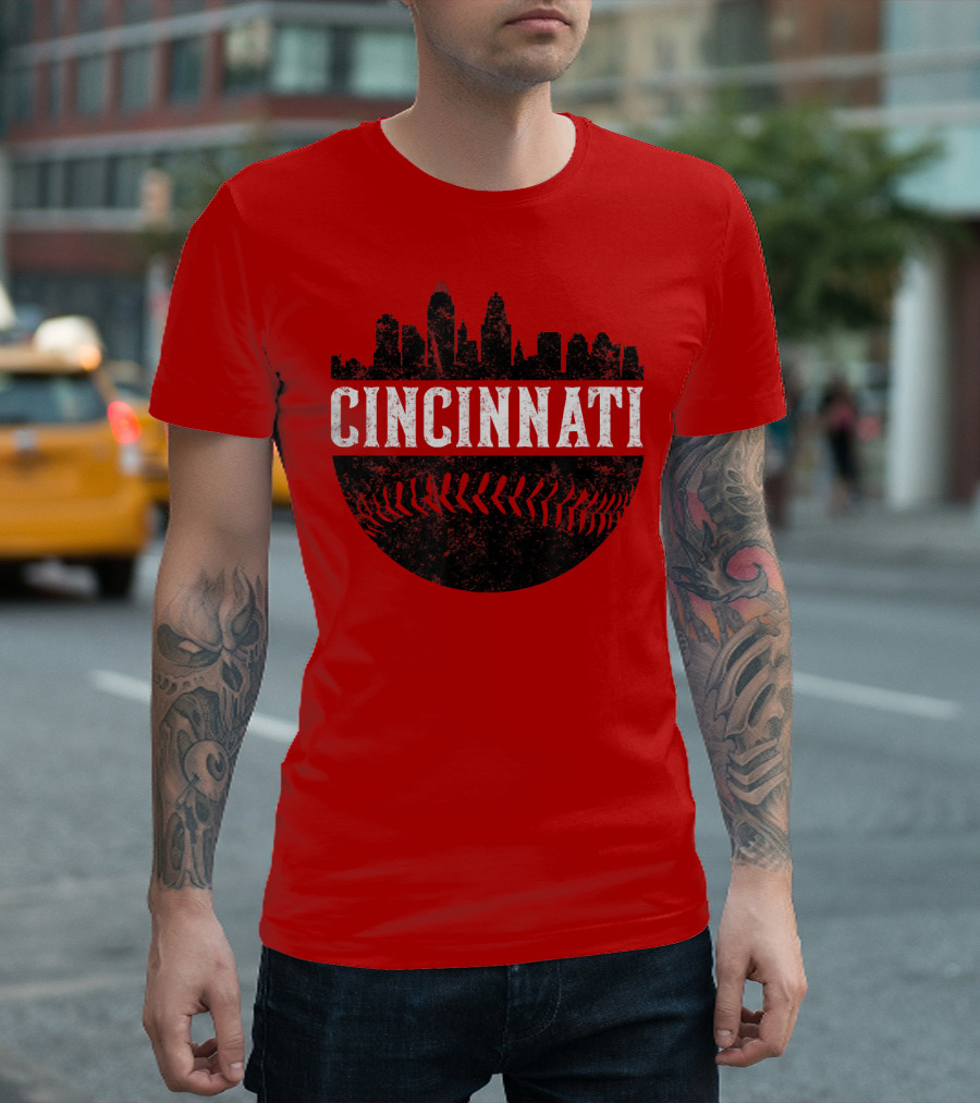 Cincinnati Ohio Skyline with Baseball Seam T-Shirt