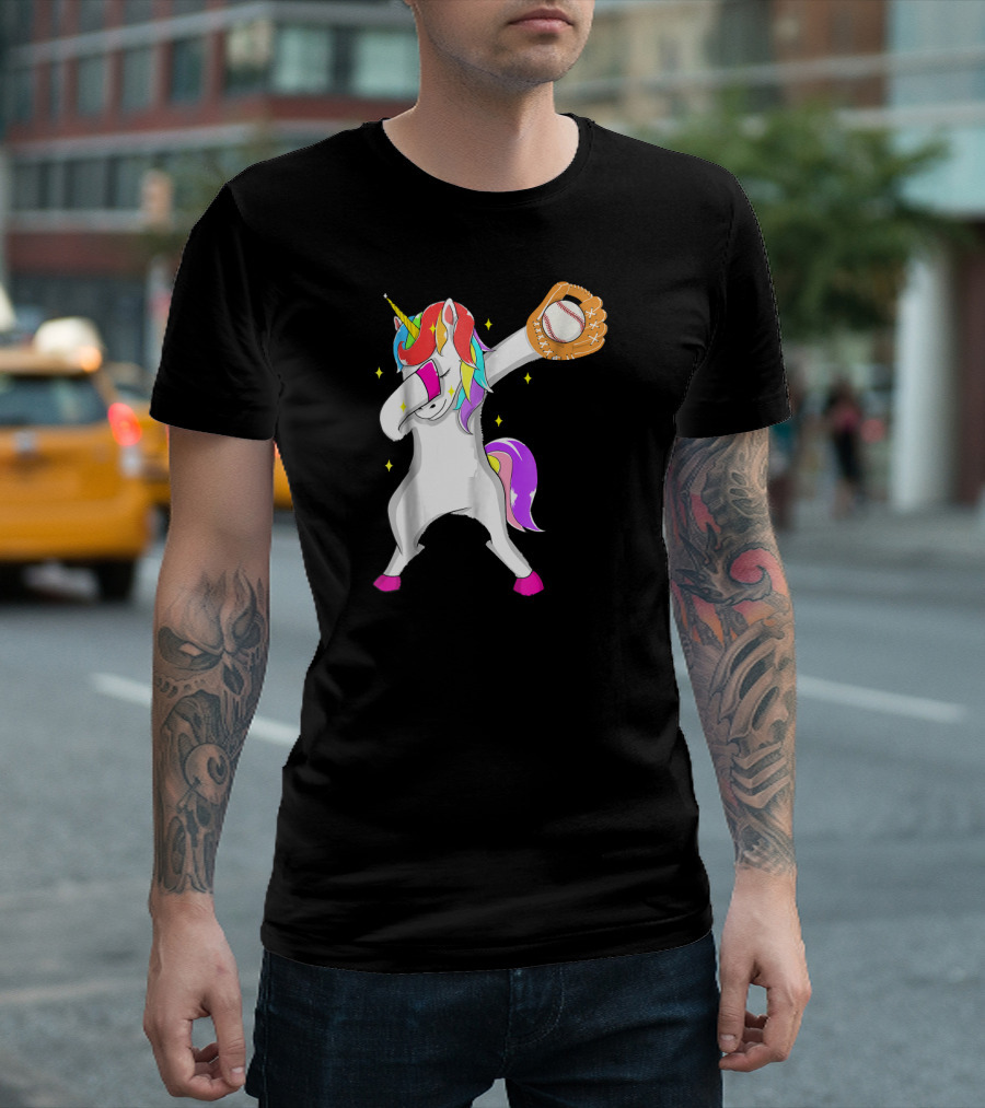 Softball Dabbing Unicorn Baseball Girls Teen Colorful Magic Glove T-Shirt
