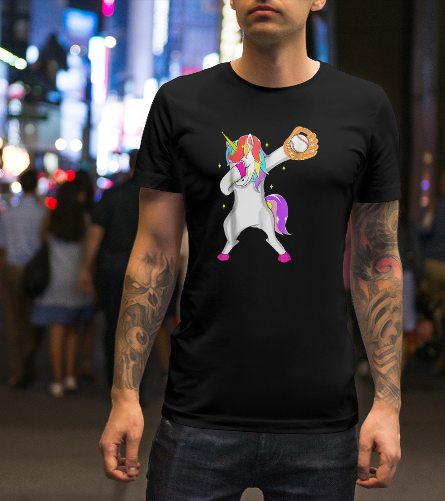 Softball Dabbing Unicorn Baseball Girls Teen Colorful Magic Glove T-Shirt
