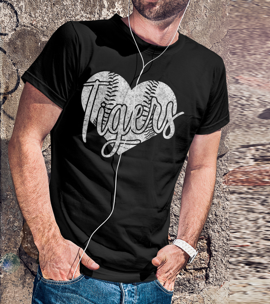 Tigers Heart Baseball Softball High School Stitching T-Shirt