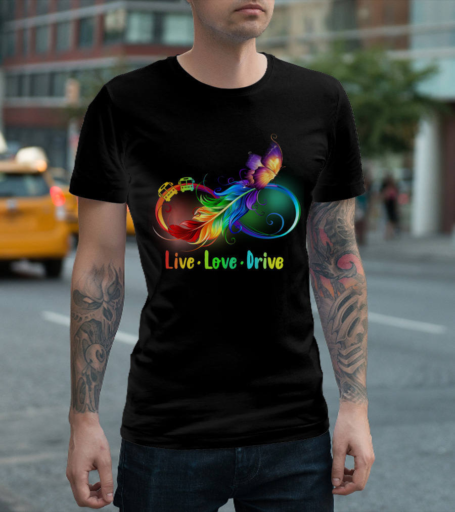 Live Love Drive Rainbow Butterfly And Buses Loop T-Shirt