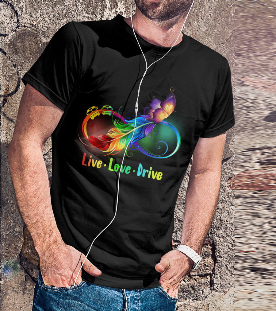 Live Love Drive Rainbow Butterfly And Buses Loop T-Shirt