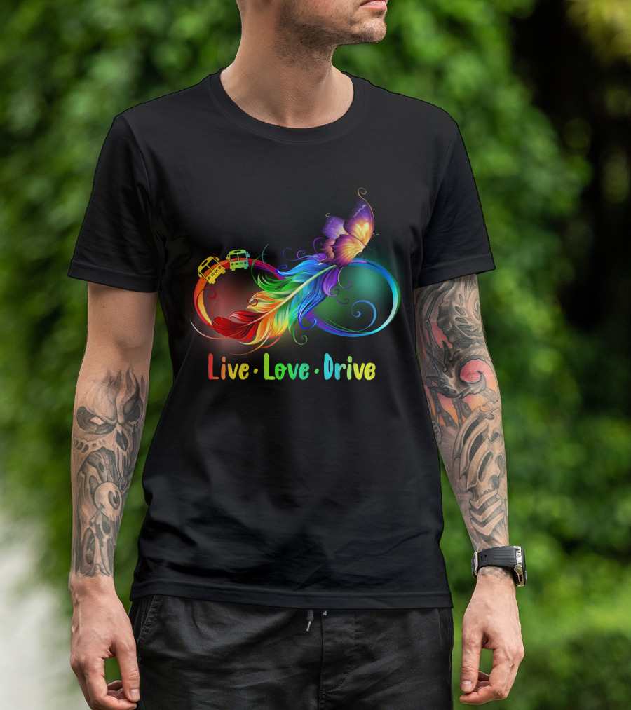 Live Love Drive Rainbow Butterfly And Buses Loop T-Shirt