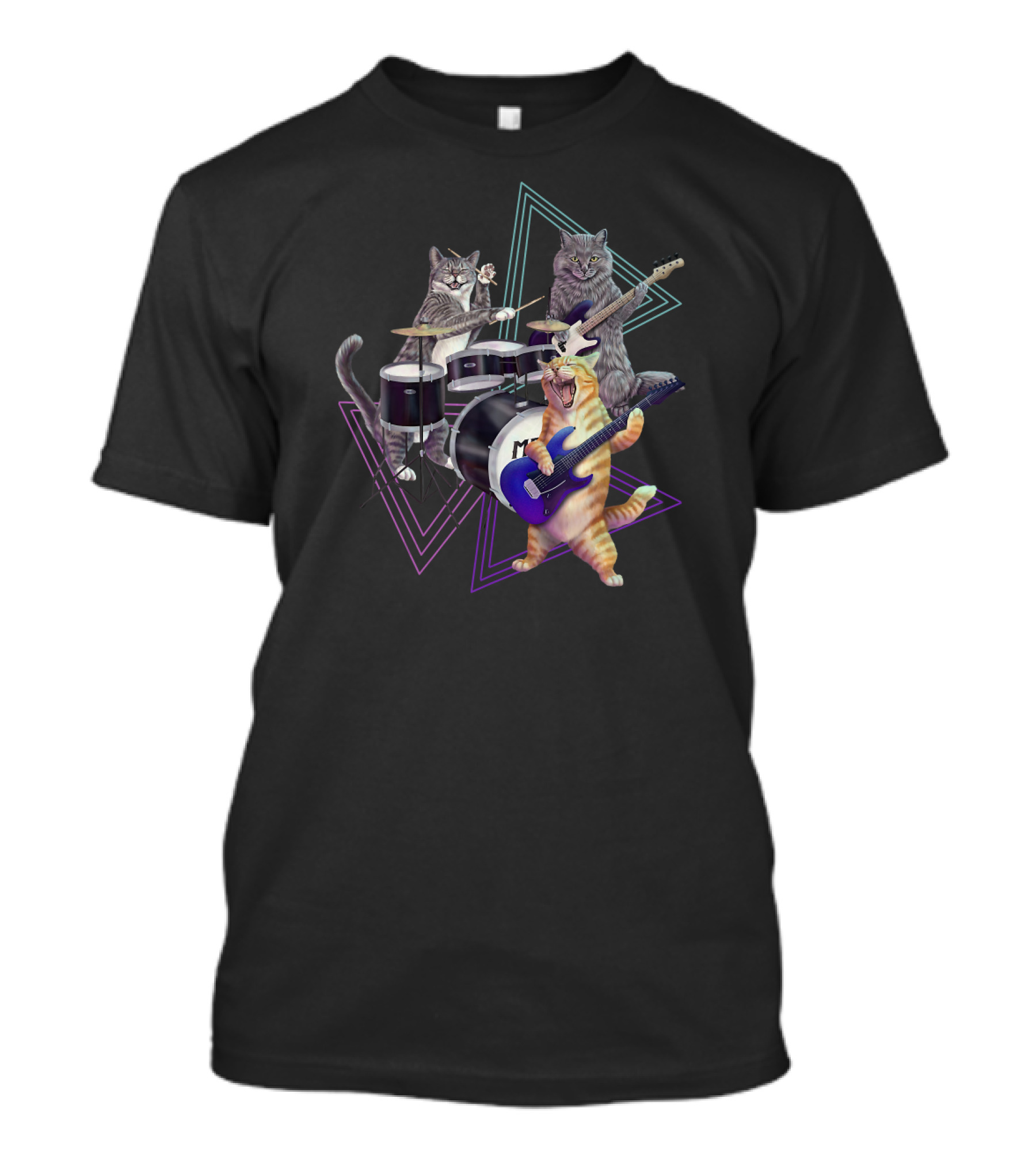 Cat Band Rock Kitties Playing Drums And Bass Guitar T-Shirt