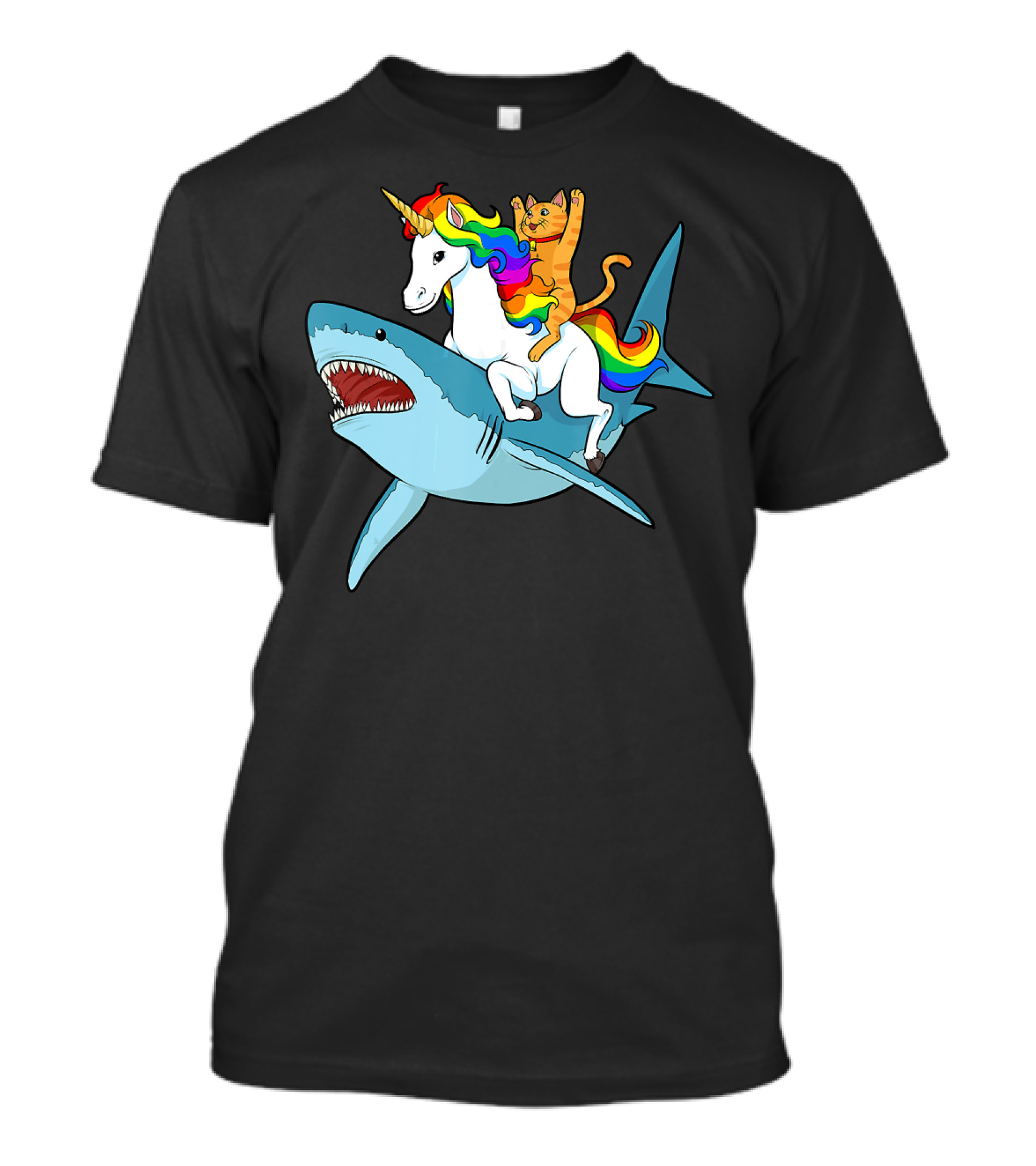 Cat On Rainbow Unicorn Riding Shark Adventure T-Shirt