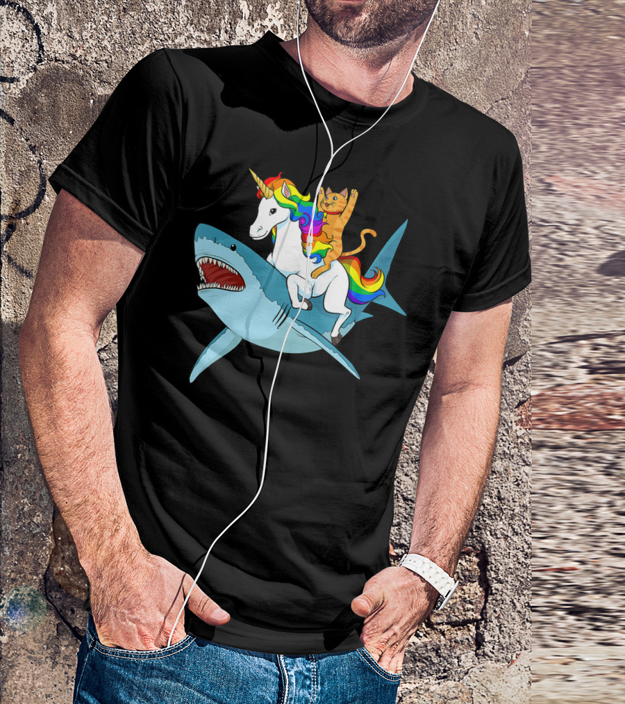 Cat On Rainbow Unicorn Riding Shark Adventure T-Shirt