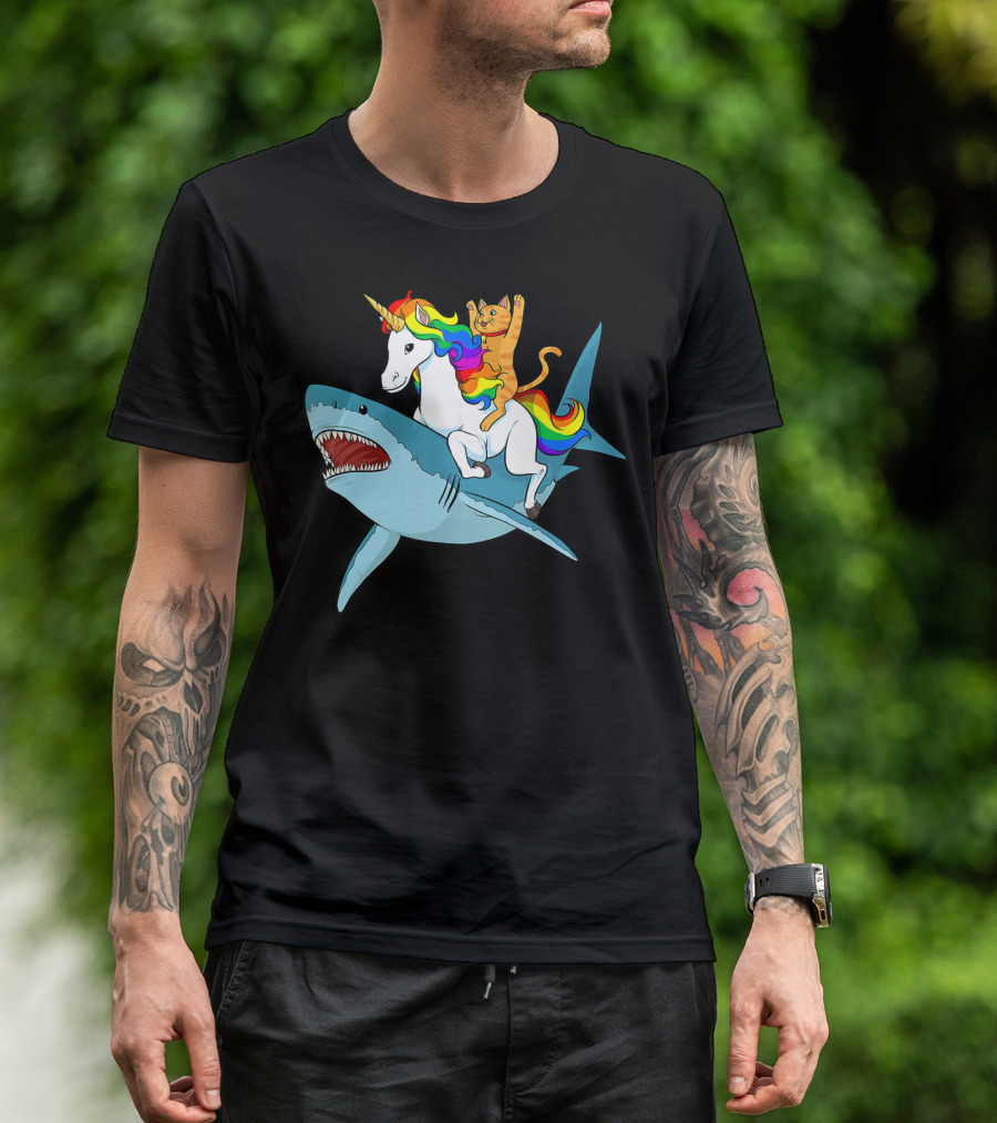 Cat On Rainbow Unicorn Riding Shark Adventure T-Shirt
