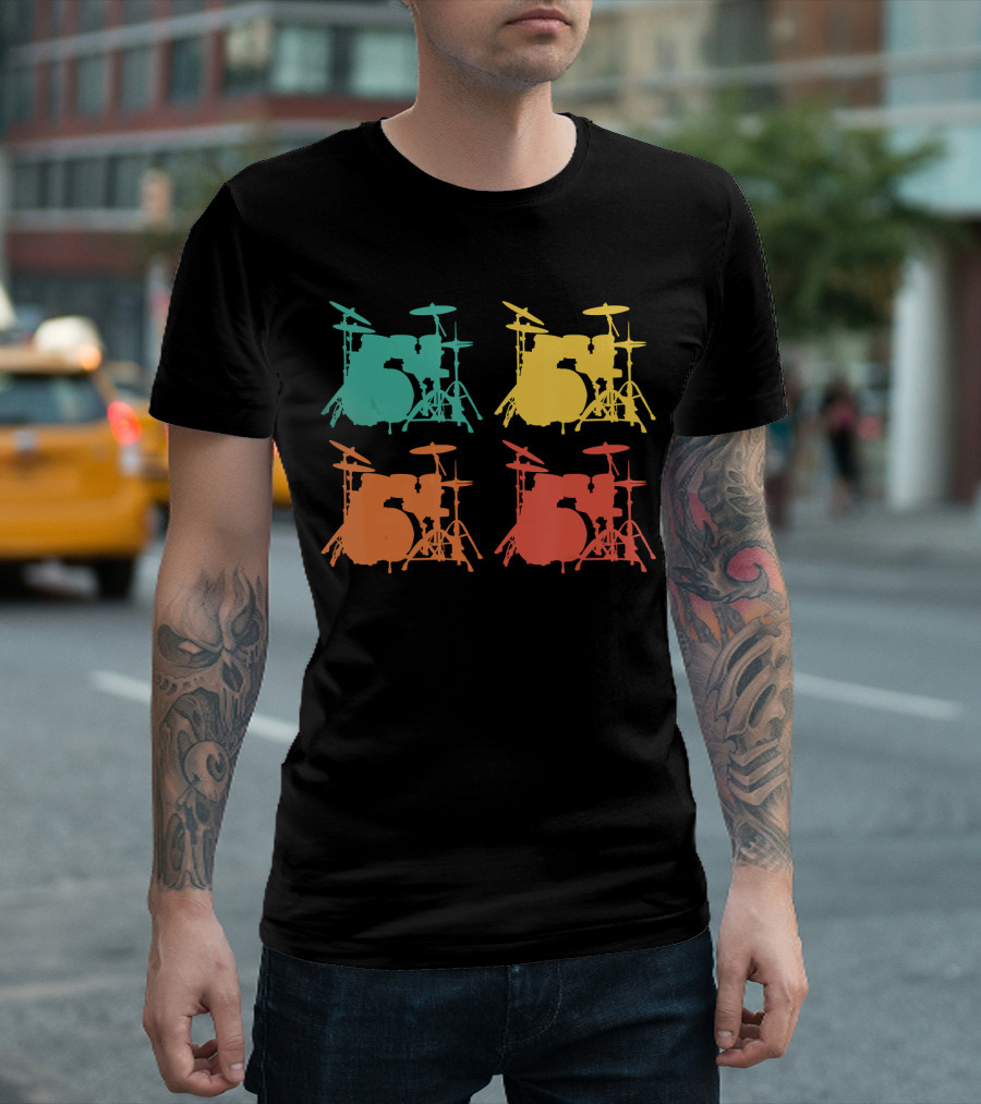 Retro Drums Musician Drum Instrument Silhouette Multicolor T-Shirt