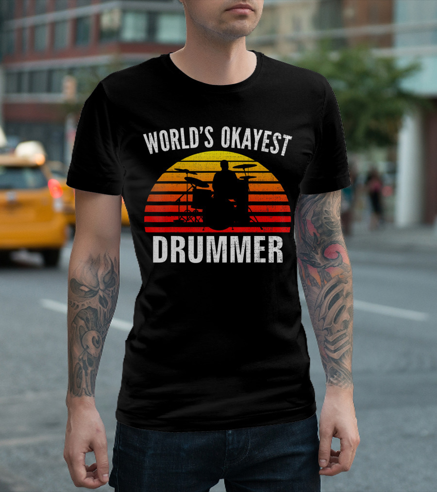 World's Okayest Drummer Vintage Silhouette With Sunset Stripes T-Shirt