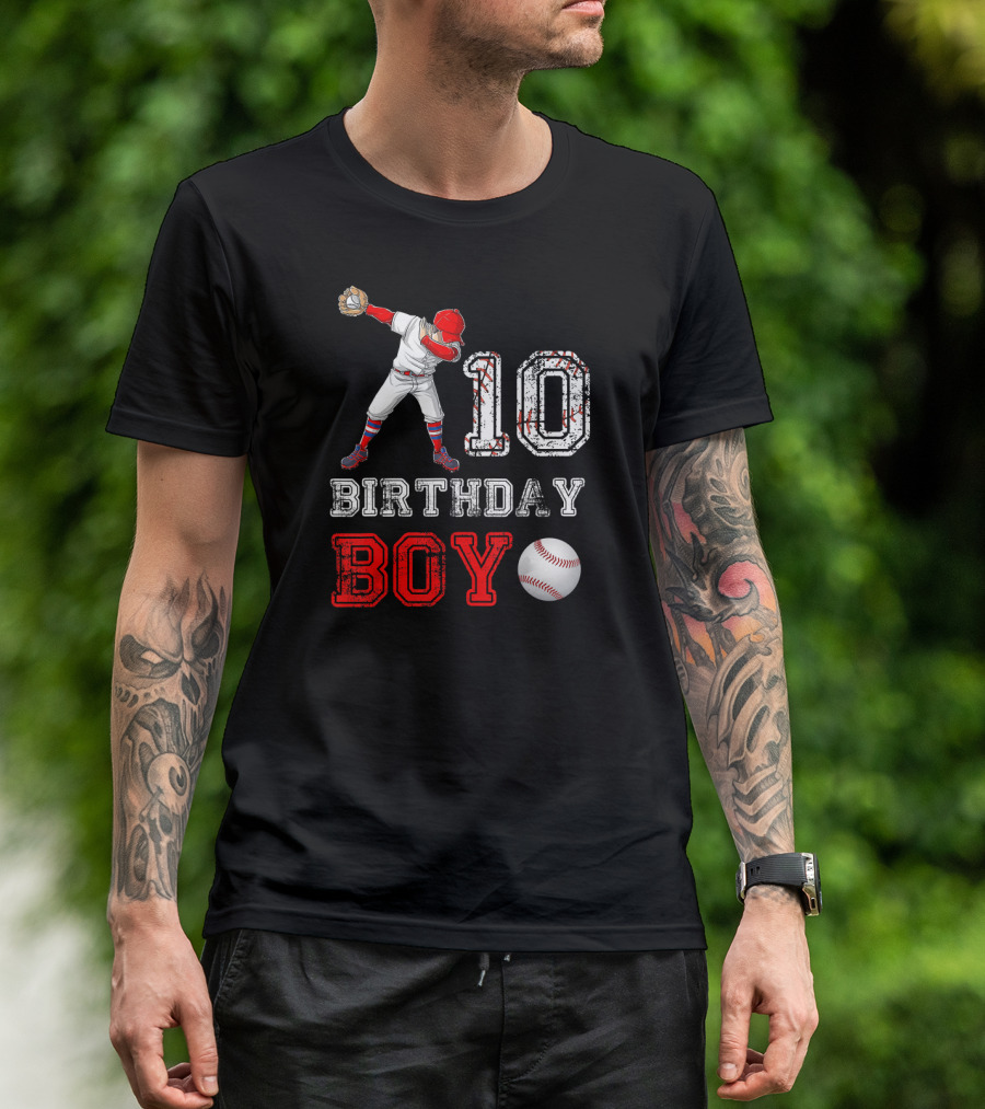 10 Birthday Boy Baseball Player Dabbing With Red Cap And Glove T-Shirt