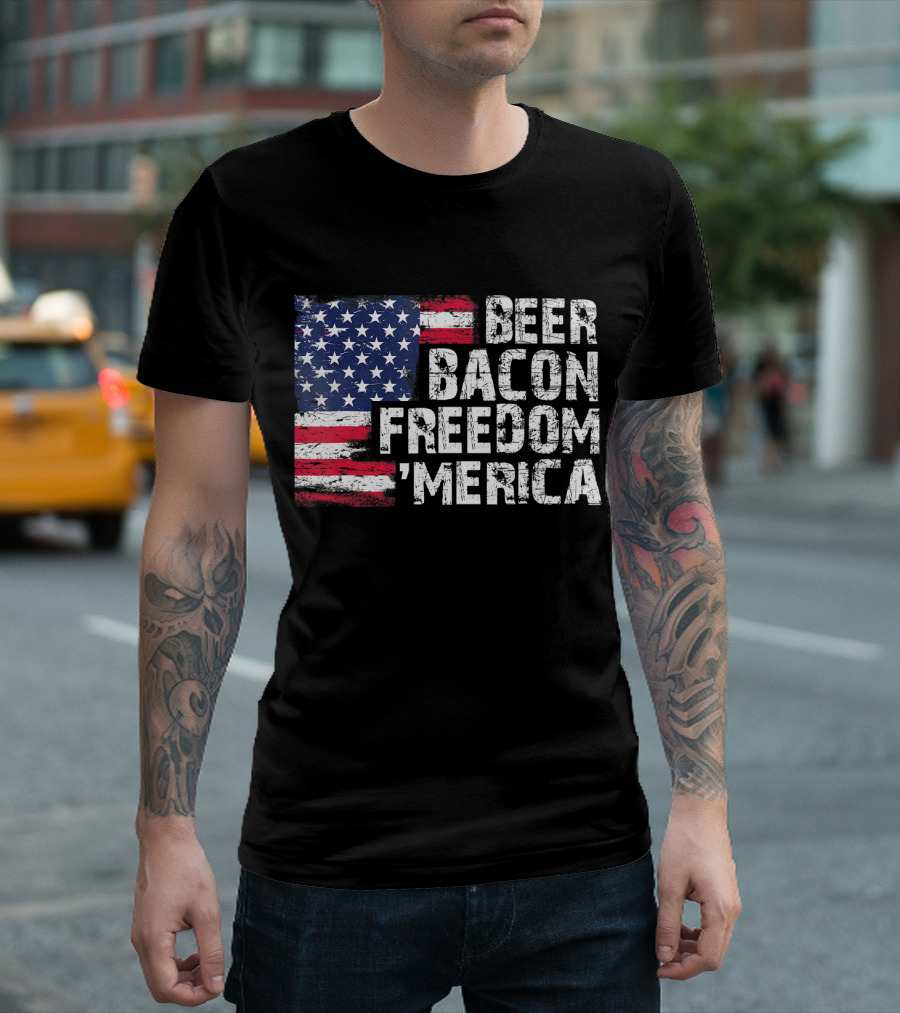 Beer Bacon Freedom 'Merica American Flag Patriotic T-Shirt