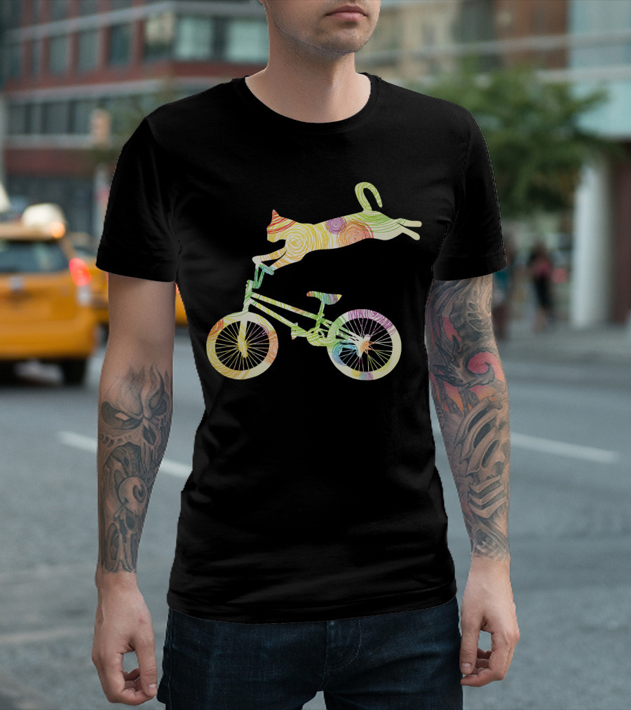Cat Performing Stunt on Bicycle with Colorful Swirl T-Shirt