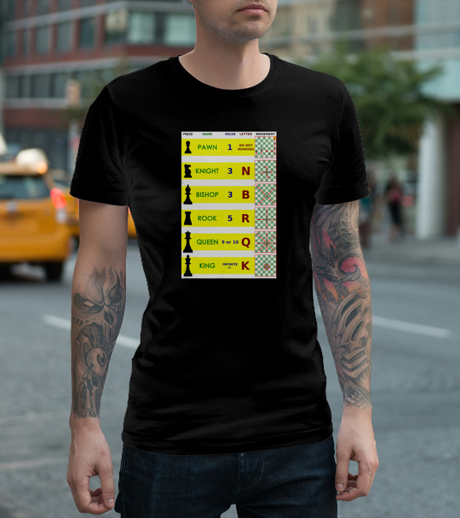 Chess Piece Guide Funny Board Game Player Pawn Knight Bishop Rook Queen King Movement Chart T-Shirt