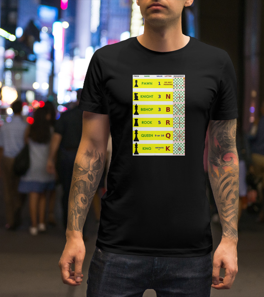 Chess Piece Guide Funny Board Game Player Pawn Knight Bishop Rook Queen King Movement Chart T-Shirt