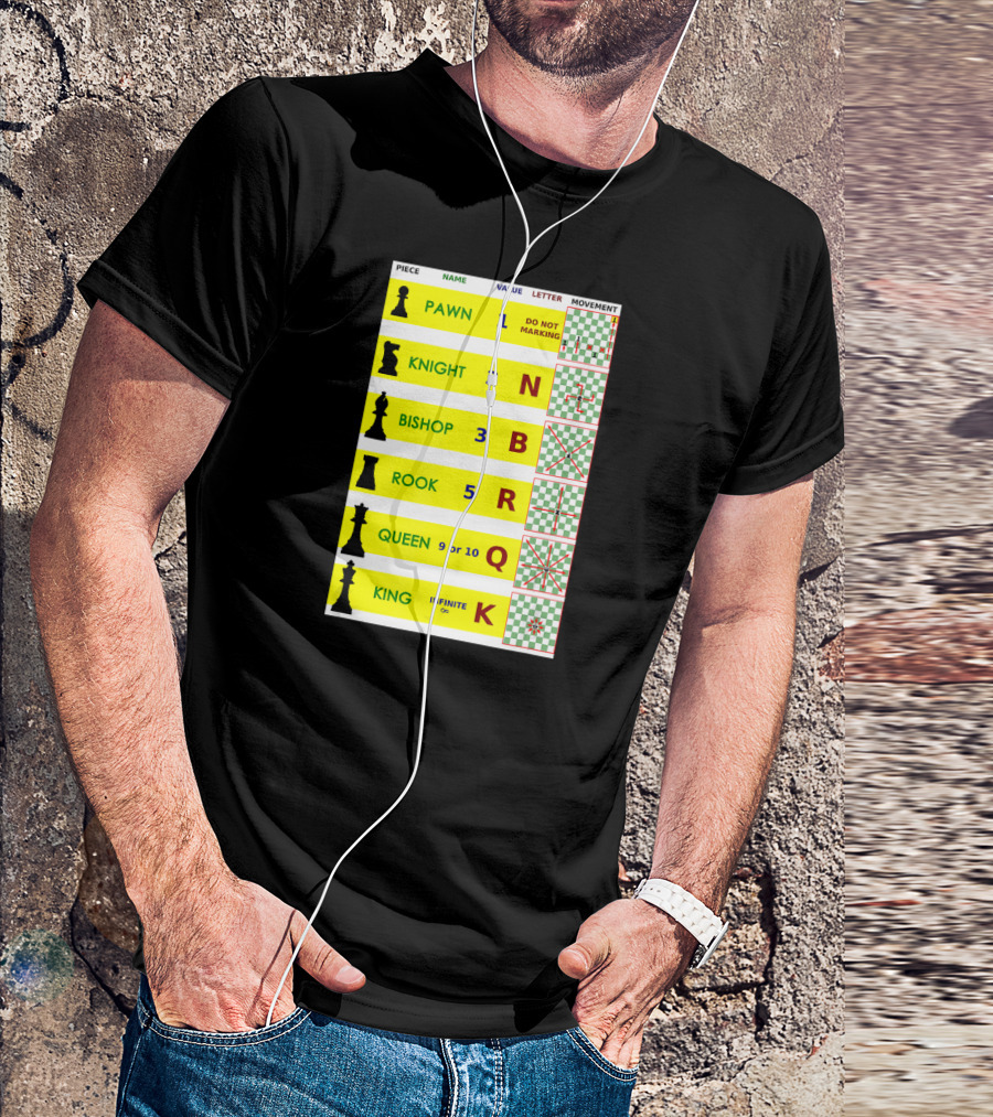 Chess Piece Guide Funny Board Game Player Pawn Knight Bishop Rook Queen King Movement Chart T-Shirt