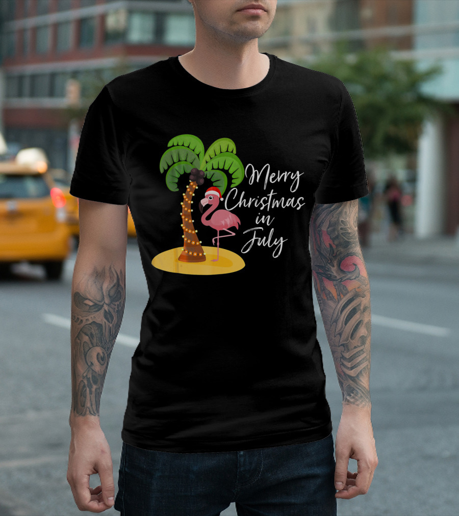 Merry Christmas In July Funny Flamingo With Palm Tree T-Shirt