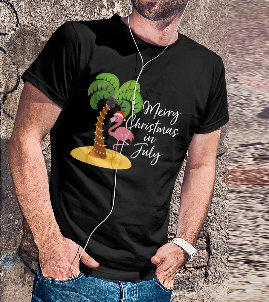 Merry Christmas In July Funny Flamingo With Palm Tree T-Shirt
