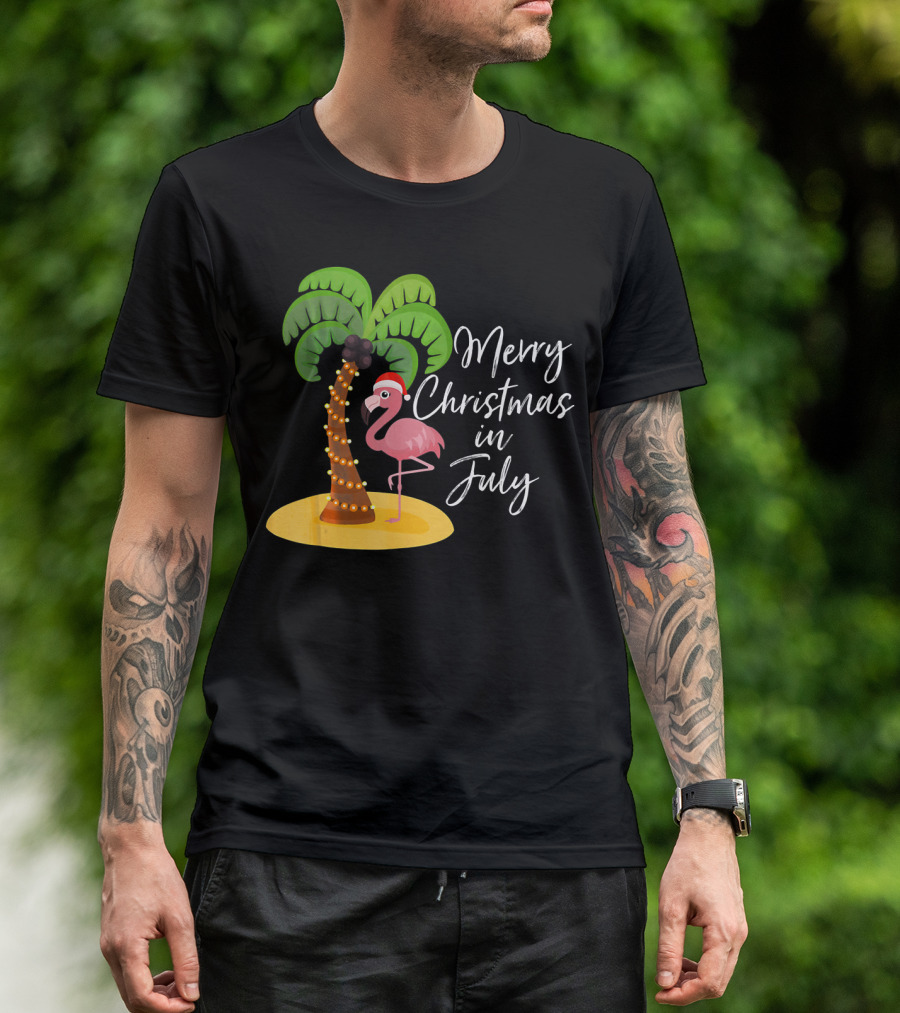 Merry Christmas In July Funny Flamingo With Palm Tree T-Shirt