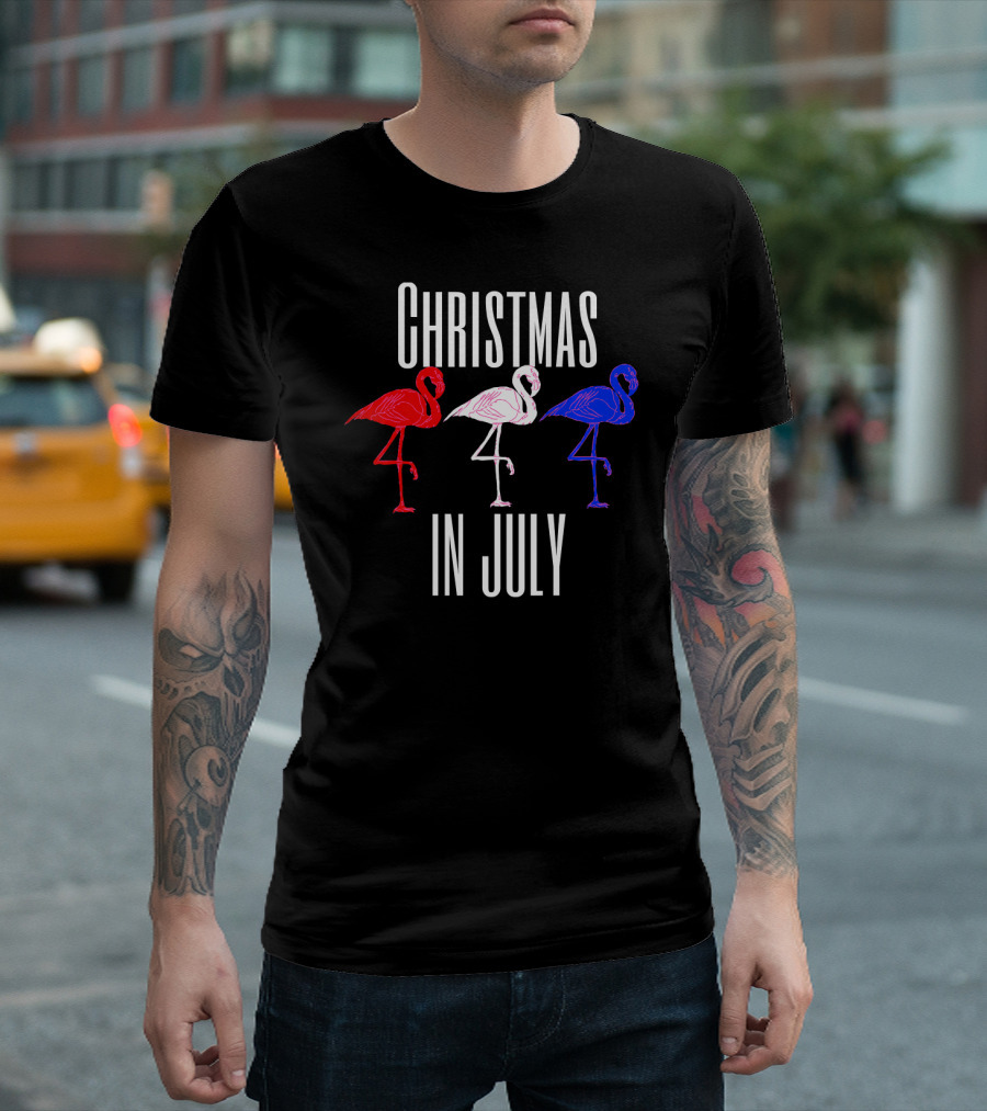Christmas In July Funny Flamingos 4th Of July T-Shirt