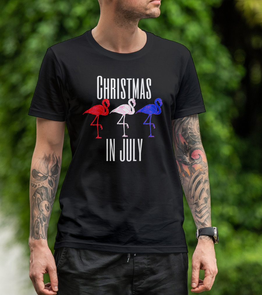 Christmas In July Funny Flamingos 4th Of July T-Shirt