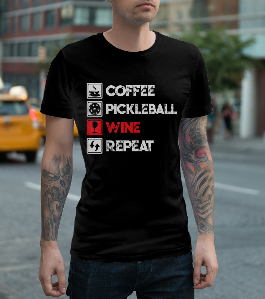 Coffee Pickleball Wine Repeat Icons T-Shirt