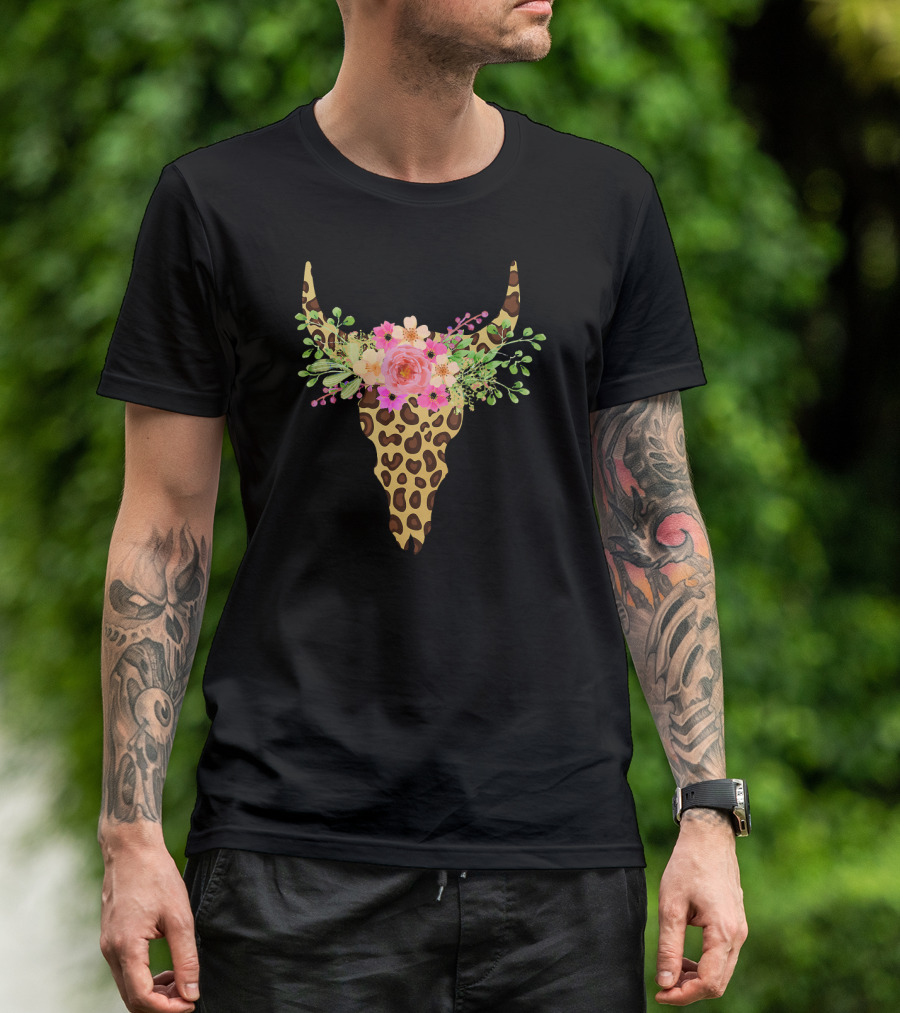 Cow Leopard Bull Skull With Flower Crown T-Shirt