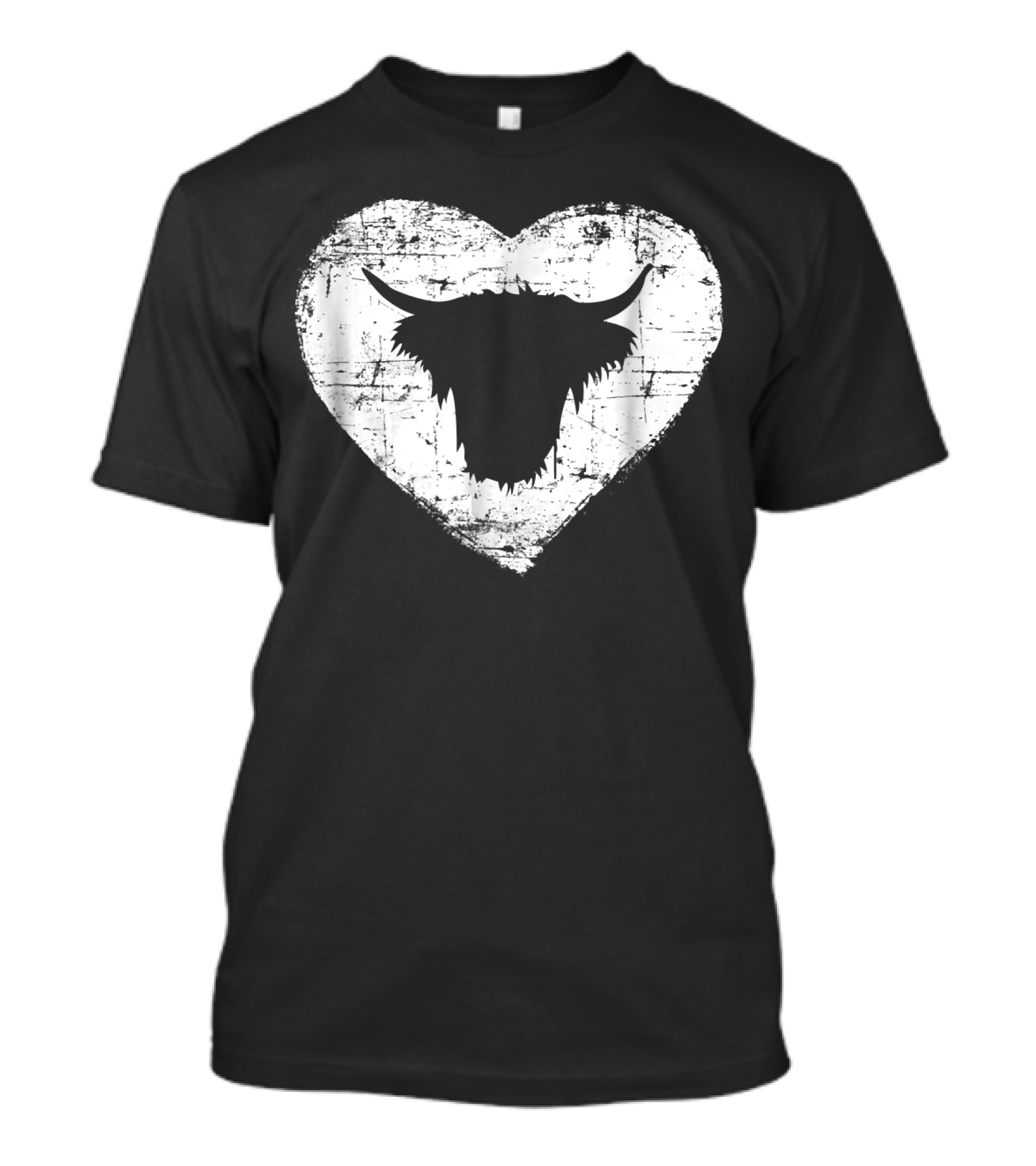 Shaggy Highland Cow Silhouette In Grunge Heart Motif T-Shirt